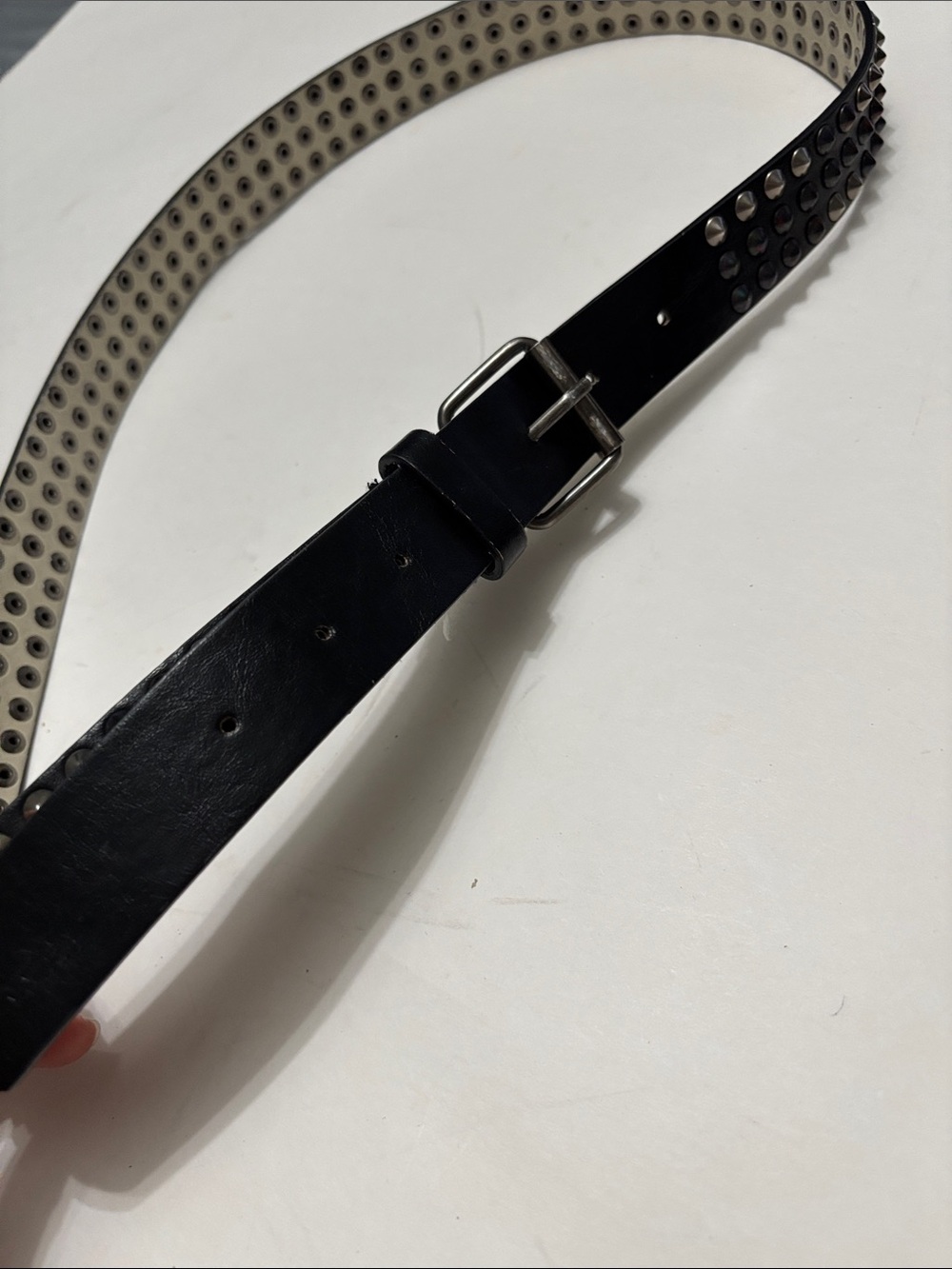 Black Leather Studded Belt Silver Buckle Punk Grunge 44" - Picture 7 of 15